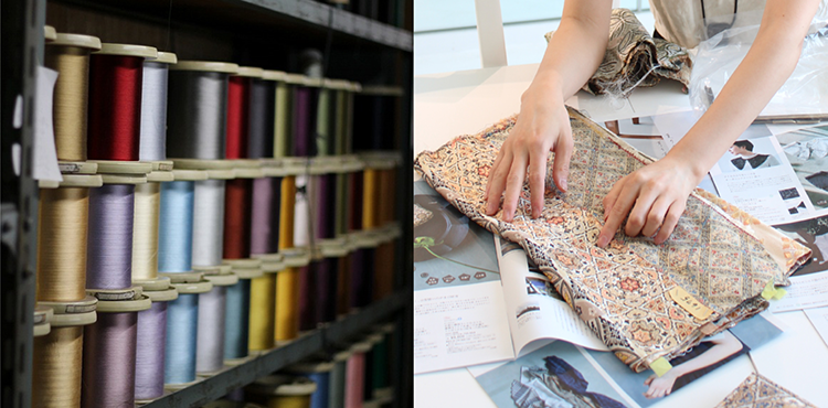 （左）「立野屋」さんで使用している美しいシルク糸の数々　（右）上糸と下糸の色が合わさることで新たな織りの表現が生まれる。写真は元々の色