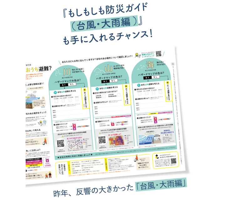 山、川、海などお住まいのエリアごとの災害リスクや対策に必要な情報を入手するための書き込み式チャートなどを掲載。