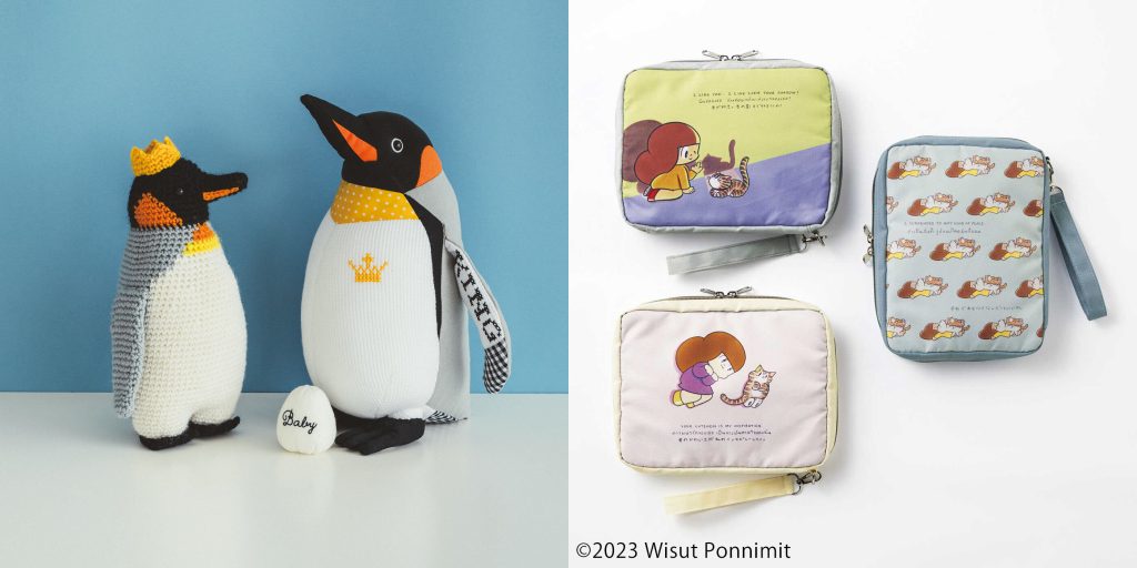 「旭山動物園・ボルネオの森応援商品　ハッピートイズプロジェクト　おさんぽ大好きキングペンギン編みぐるみ」（左）は「クチュリエ」企画、「マムアンちゃん　やさしいメッセージにキュンとするマルチケースの会」（右）は「クラソ」にて作りました。