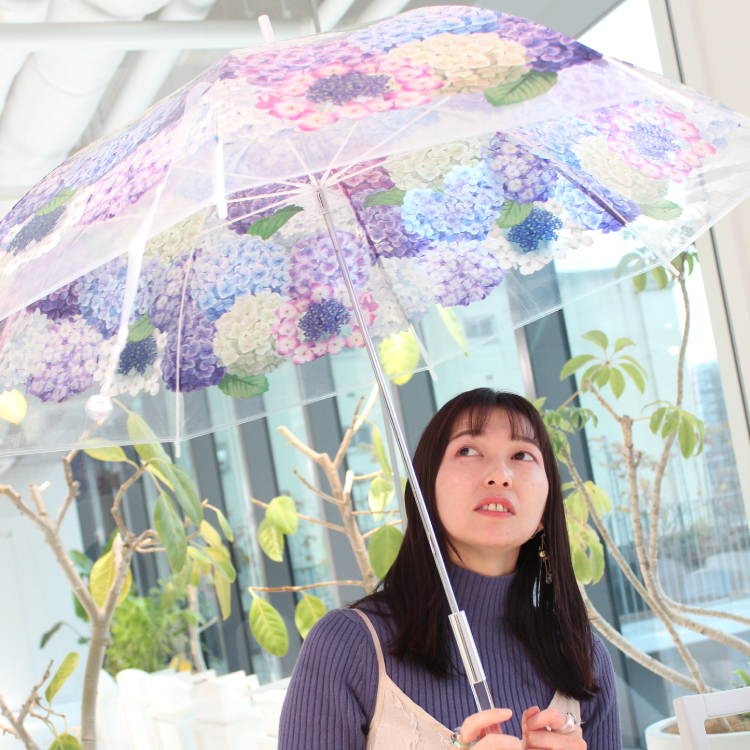 雨空に咲きこぼれる　紫陽花の傘