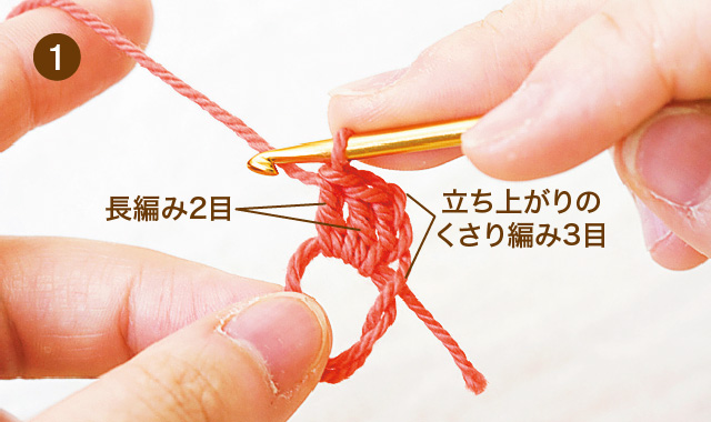 巻きかがりはぎ モチーフを編みます 1段目 手順①