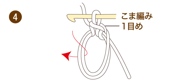 輪のひきしぼりと輪で編んでいく場合の数え方　かぎ針編み　こま編み　手順④