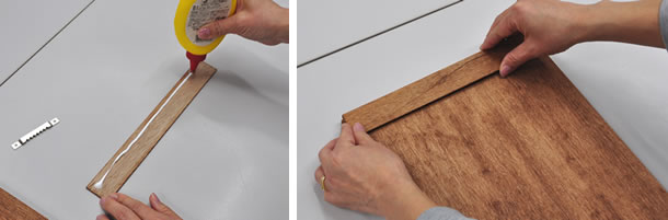 直接ティースハンガーを留めると、ビスが飛び出てしまいそうなので、塗装したベニヤ板をもう1枚木工用接着剤で貼り付けます