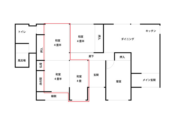 間取り図でいうとリビングにする場所は赤線の3つの和室を合わせた部分です