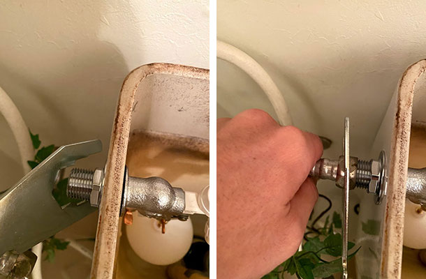 水栓金具をナットで固定し、ホースを接続