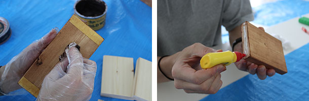 木材と木材を接着させる面まで塗装してしまわないようにマスキングテープを貼って養生しましょう