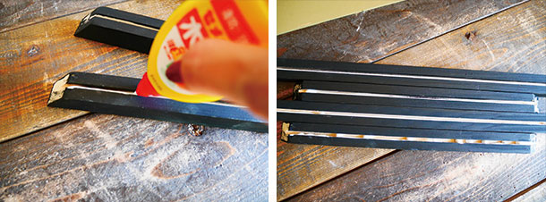 塗料が乾いたら角材の溝に木工用接着剤を注入