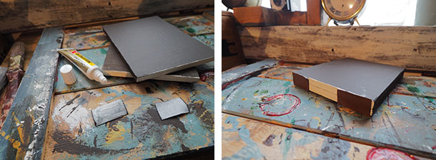 合皮に接着剤を付けて、右の写真のように重ねた板の木口に貼ります