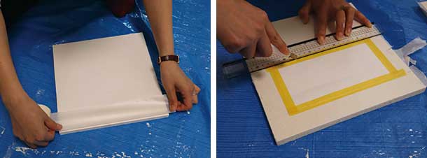 マスキングテープを板全体に貼って、その上からコピー用紙で作った窓、ライト、バンパーなどのパーツを載せてカッターで切り抜きます