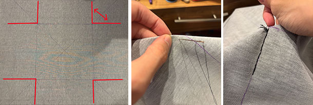 半分に折って赤い線で合わせて、縫い合わせていきます