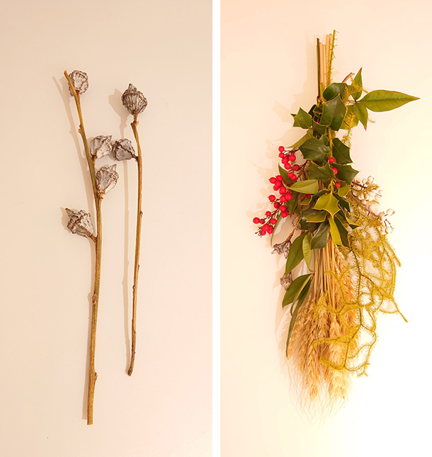 形を見ながら、花材をワイヤーで次々と留めていきます