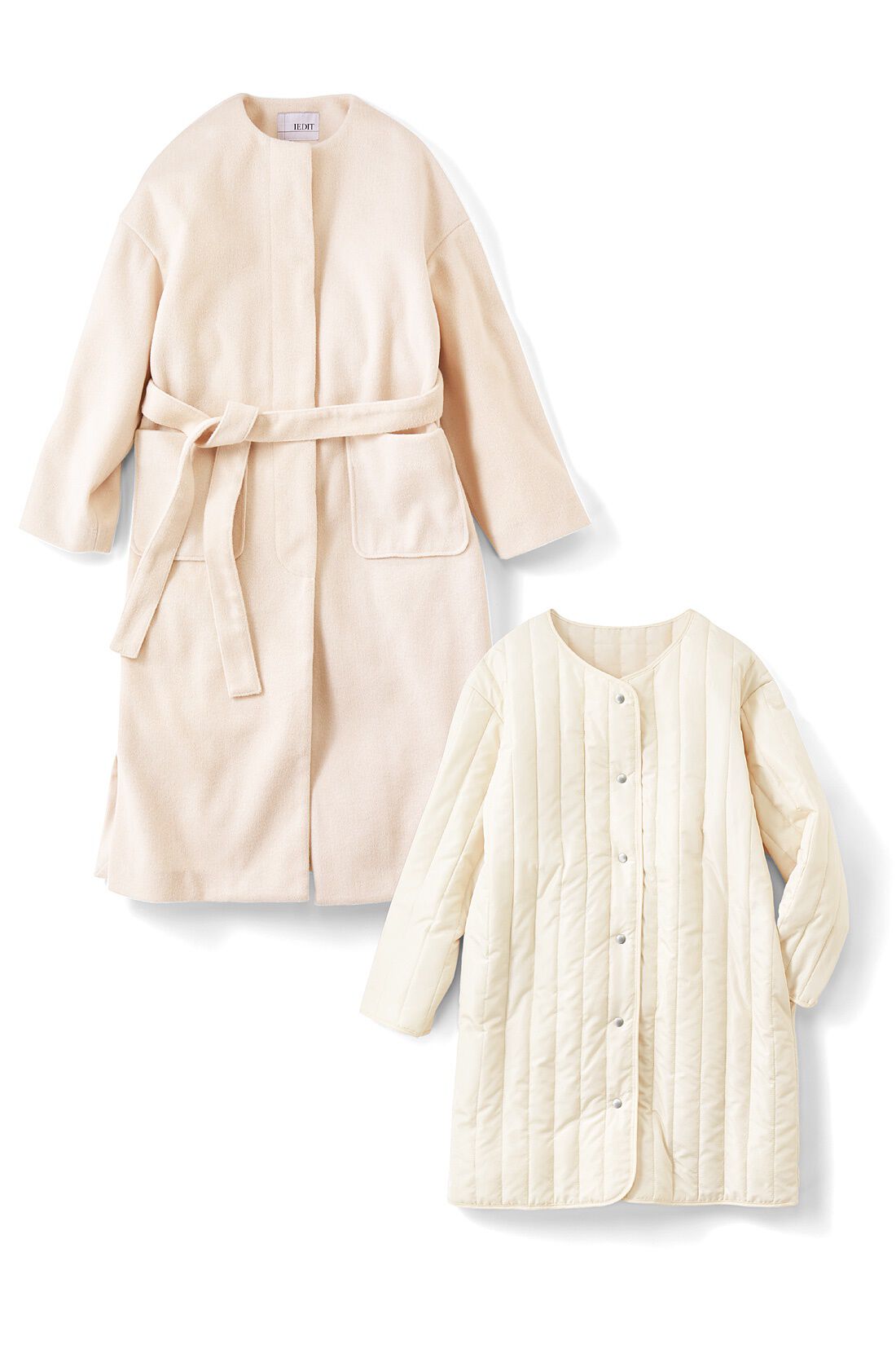 WEB限定お買い得商品|IEDIT[イディット]　ロングシーズン着まわし便利な3-WAYアイボリーコートセット|ウエストリボンを結べば着こなし方が広がります。
