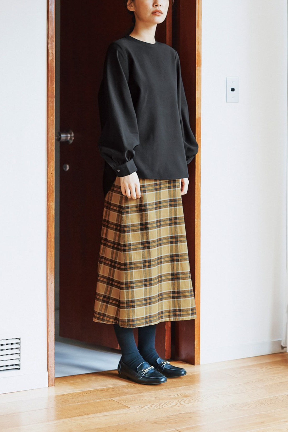 WEB限定お買い得商品|and myera　チェックのラップ風スカート〈黄〉