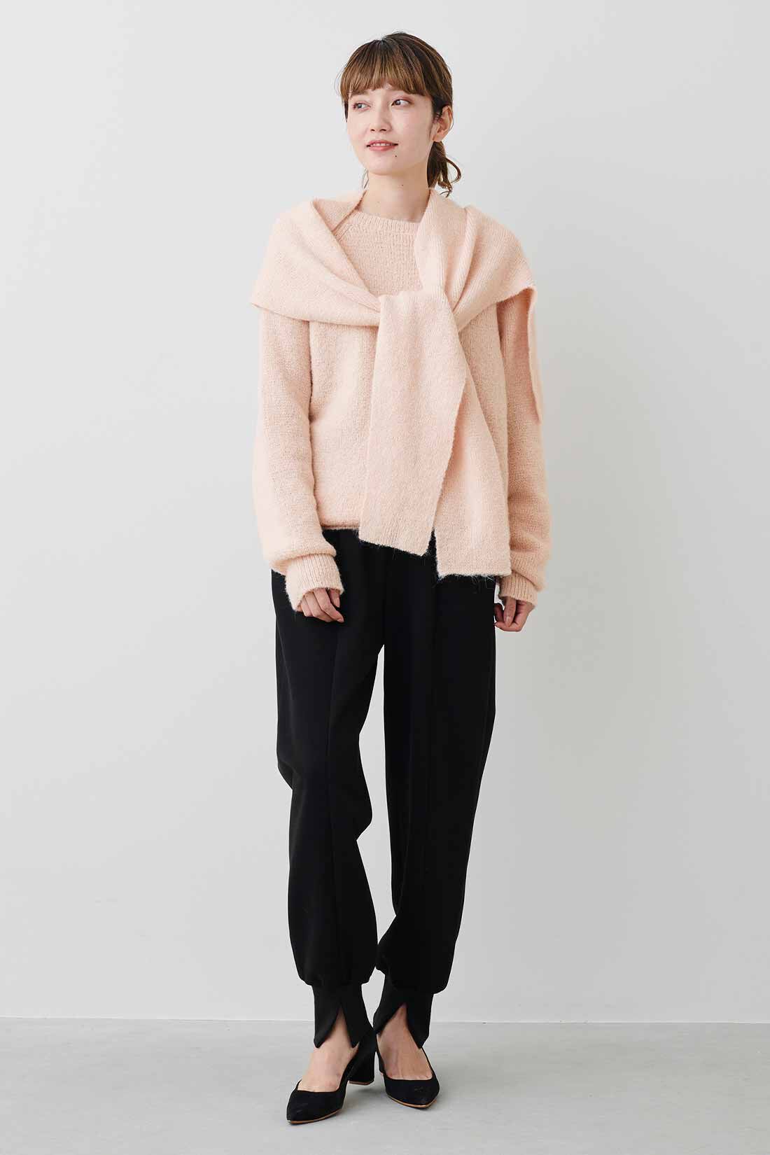 WEB限定お買い得商品|MEDE19F　肩巻きニットトップスセット〈ペールピンク〉|モデル身長：163cm　着用サイズ：M