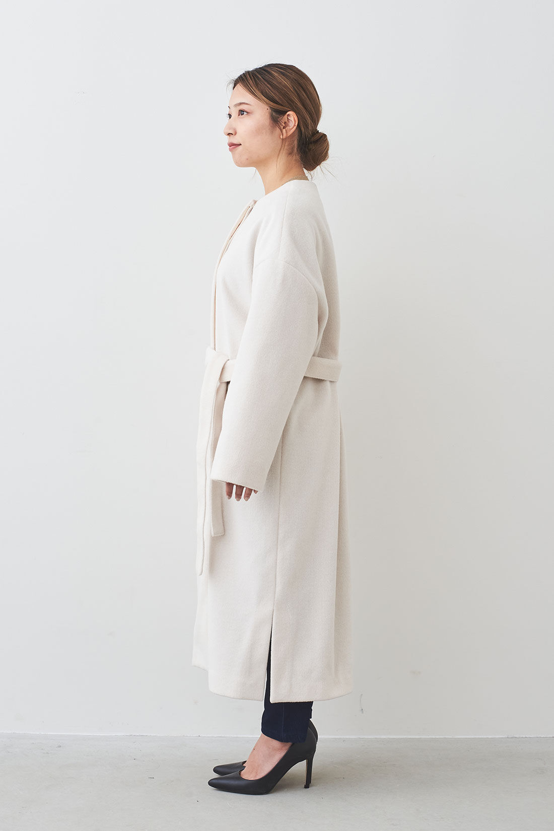 WEB限定お買い得商品|IEDIT[イディット]　ロングシーズン着まわし便利な3-WAYアイボリーコートセット|モデル身長：153cm・着用サイズ：M
