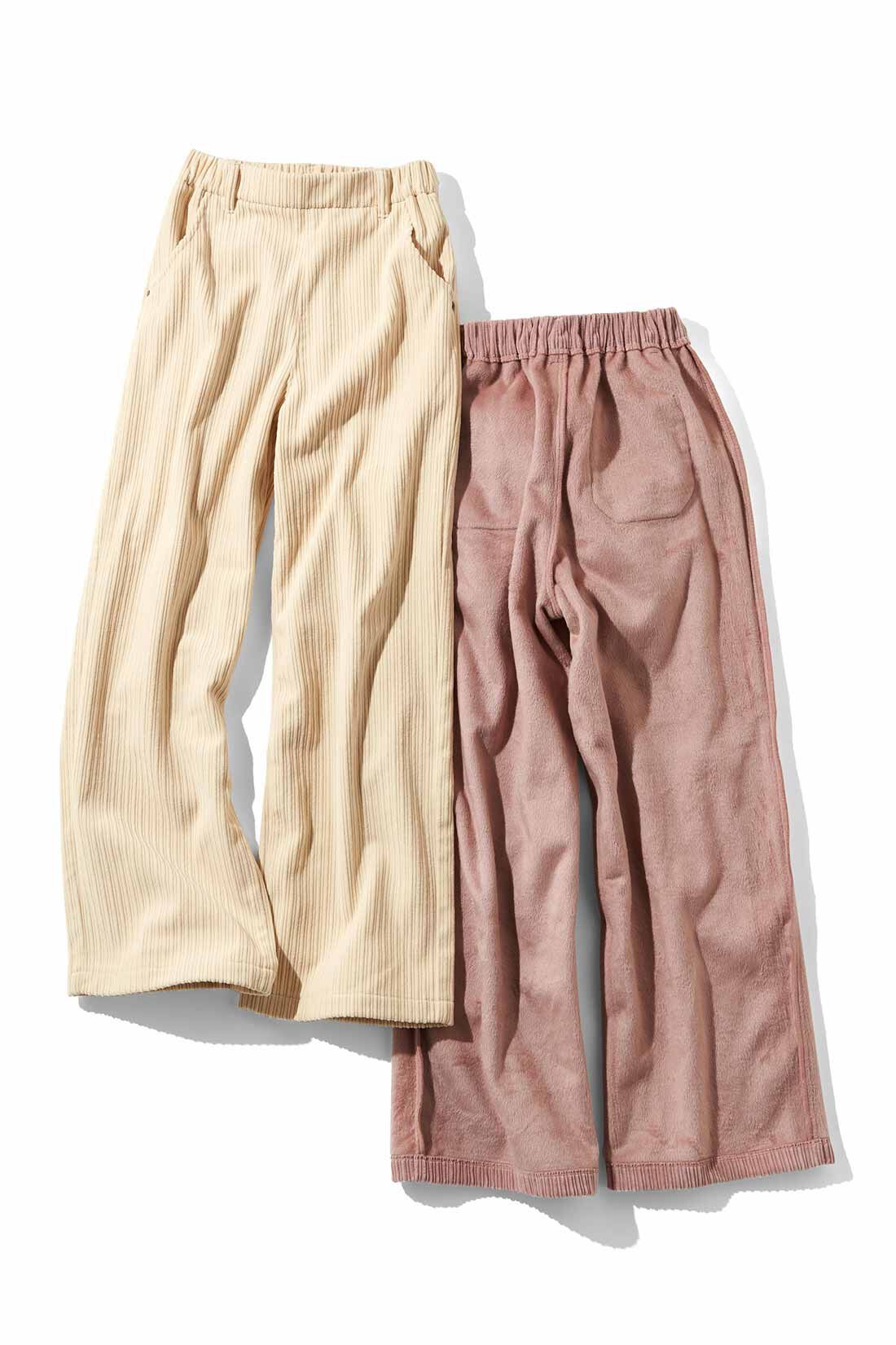 Real Stock|【3～10日でお届け】リブ イン コンフォート　軽やかなはき心地でキレイ見え！ ぬくぬくしあわせな裏ボアライトコーデュロイパンツ〈アイボリー〉
