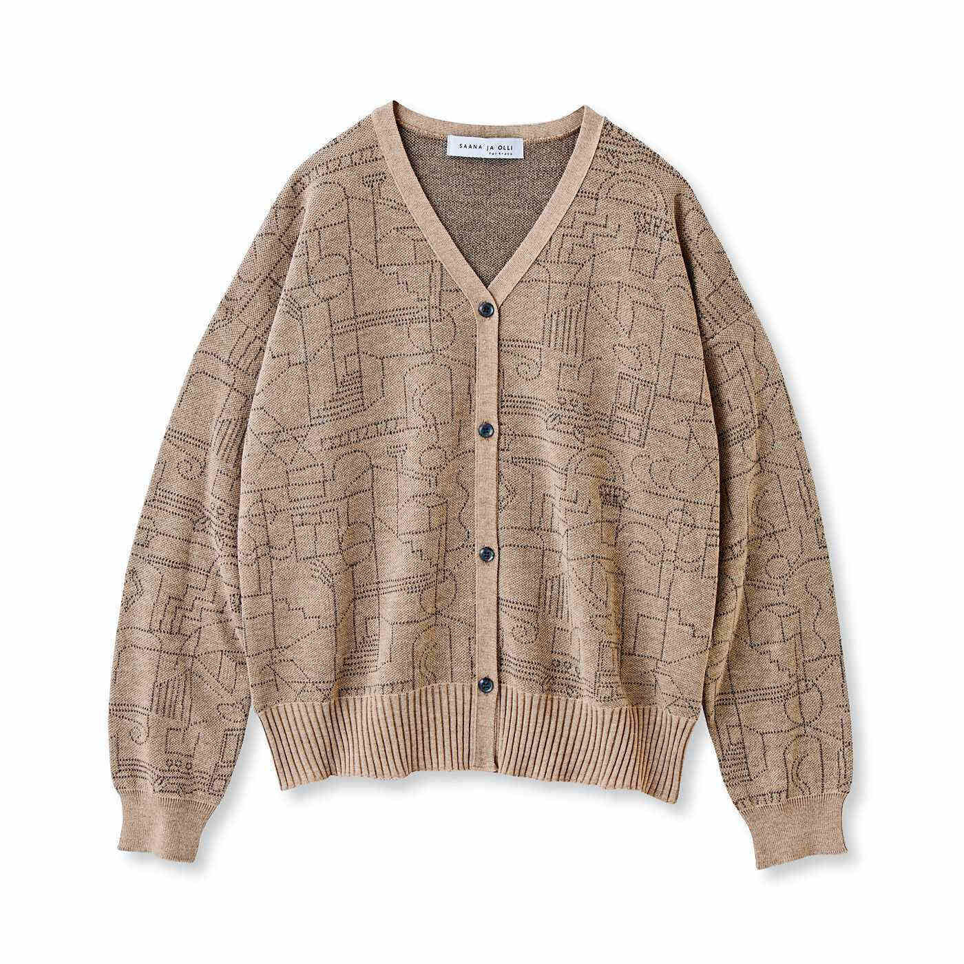 Real Stock|サーナ ヤ オッリ　定番のVネックにアートをひとさじ　ロングシーズン活躍する　ニットカーディガン〈カフェオレベージュ〉|〈カフェオレベージュ〉
