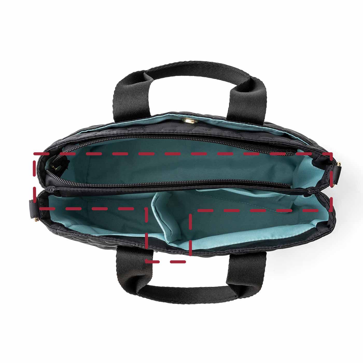 realstock [リアルストック]（Express BOX）|ラミプリュス　荷物を仕切ってすっきり収納 Tトート〈ブラックパズルキルト/ミニ〉|T字形の仕切りで仕分けができて、欲しいものがすぐ取り出せる。