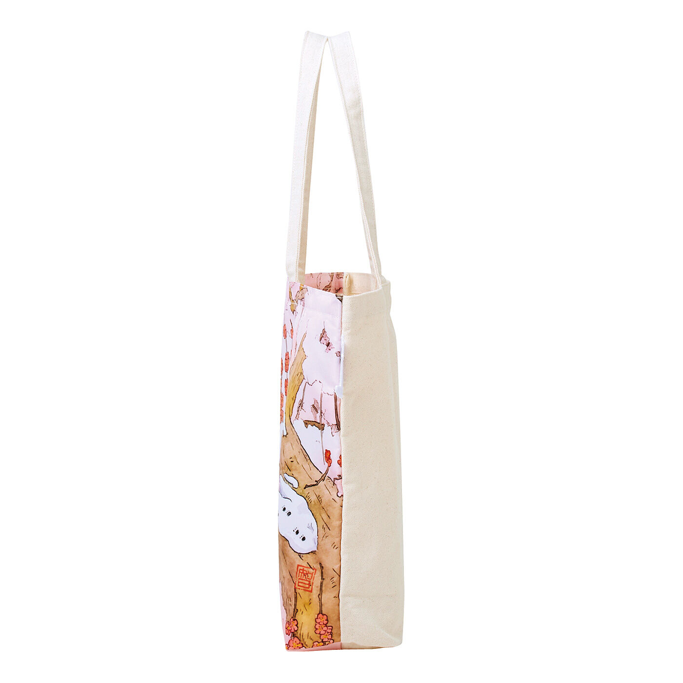 Real Stock|日本画家 久保智昭さんとつくった　猫とお花の季節のトートバッグ|底まちが広いフォルムで荷物がたっぷり入ります。背面は大人っぽく持てるネップ入りの帆布生地。