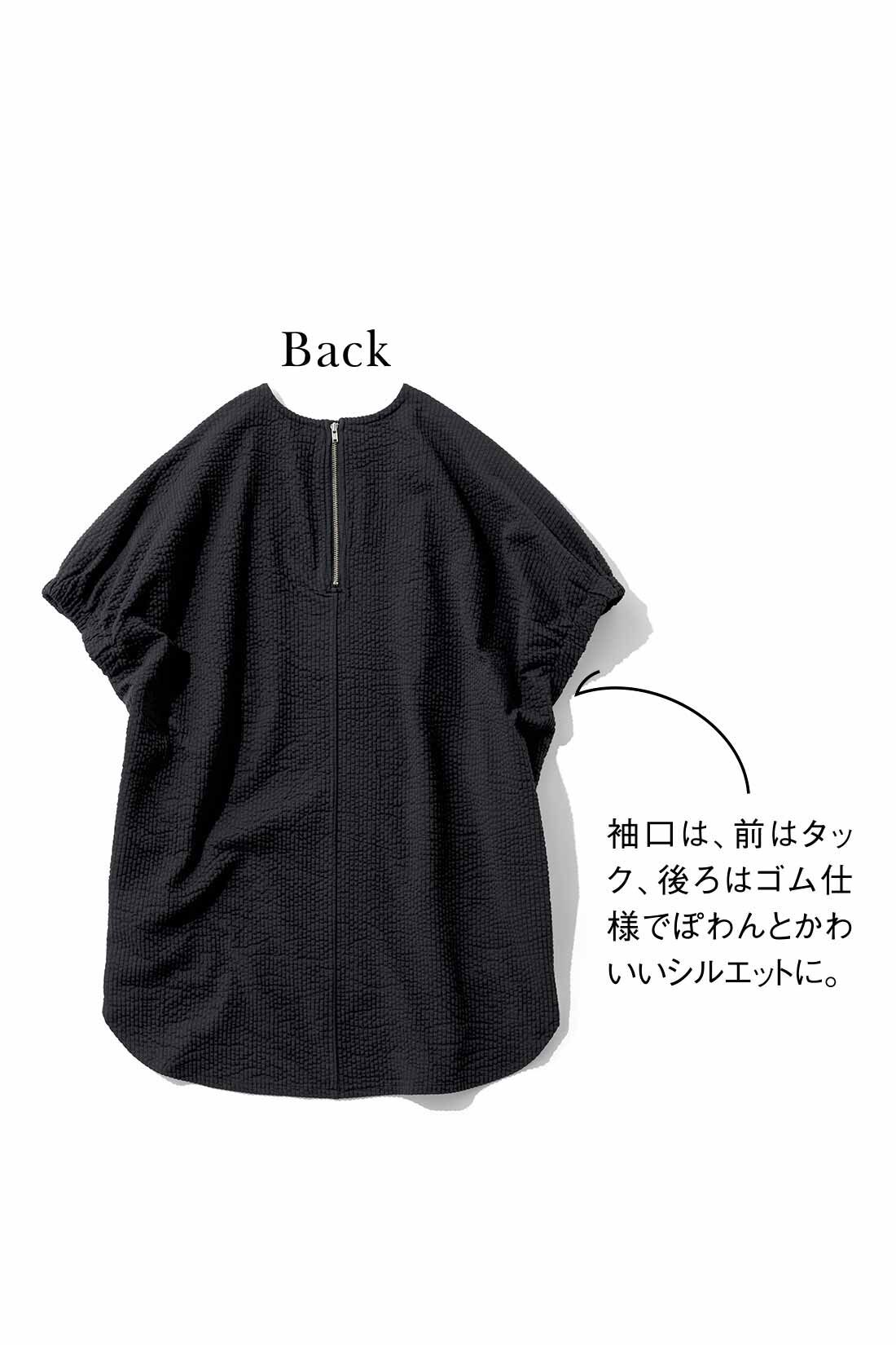 realstock [リアルストック]（Express BOX）|IEDIT[イディット]　タックスリーブと後ろファスナーで着映えする UVカット＆吸汗速乾サッカーカットソーのゆるっとプルオーバー〈ブラック〉