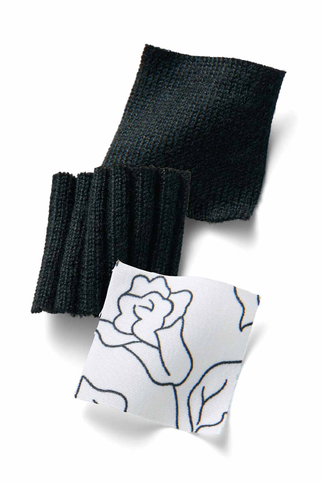 Real Stock|IEDIT[イディット]　シックに華やぐアンサンブルセットアップ〈ブラック×ホワイト〉|ほどよい厚みのニットは、トップスがリブ編み、カーデは天じく編みに。スカートはしなやかな布はく素材。