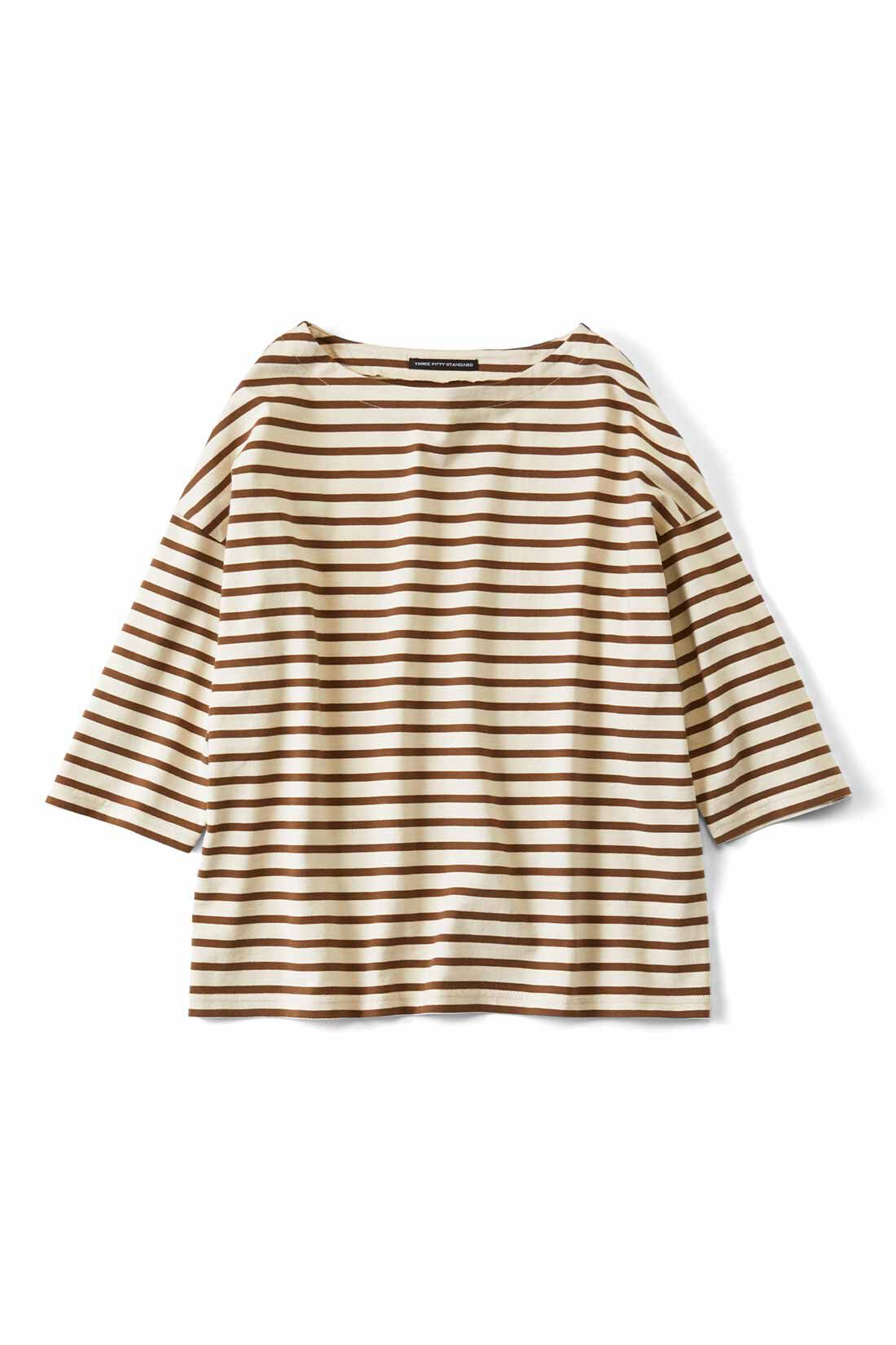 THREE FIFTY STANDARD ドロップショルダーのボーダーTシャツ〈ブラウン〉