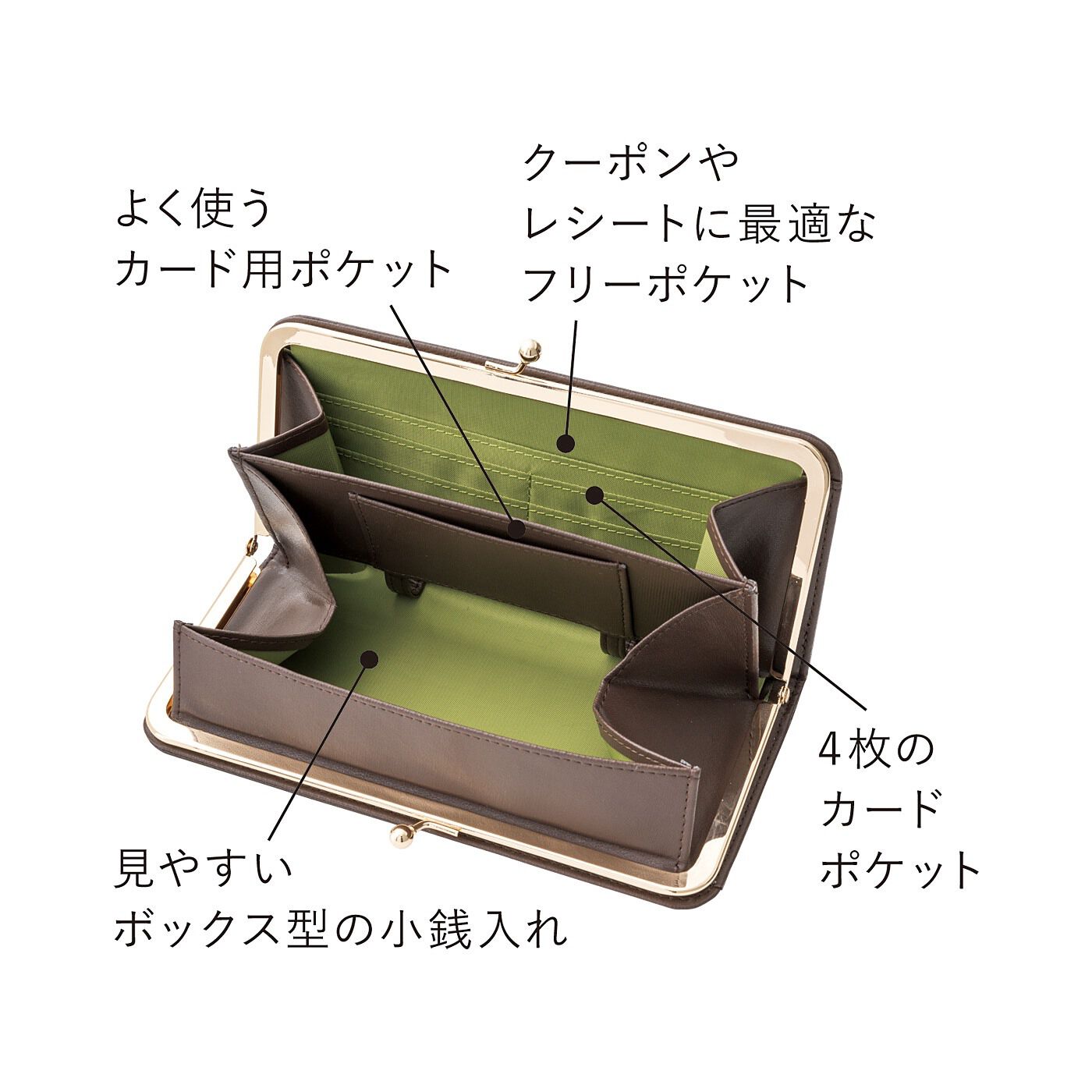 Real Stock|ラミプリュス　パチンと瞬時にオープン！　レシートと小銭がパッと分かれる　コインスルーがま口財布|大容量でも、パチンと開けば一目瞭然。