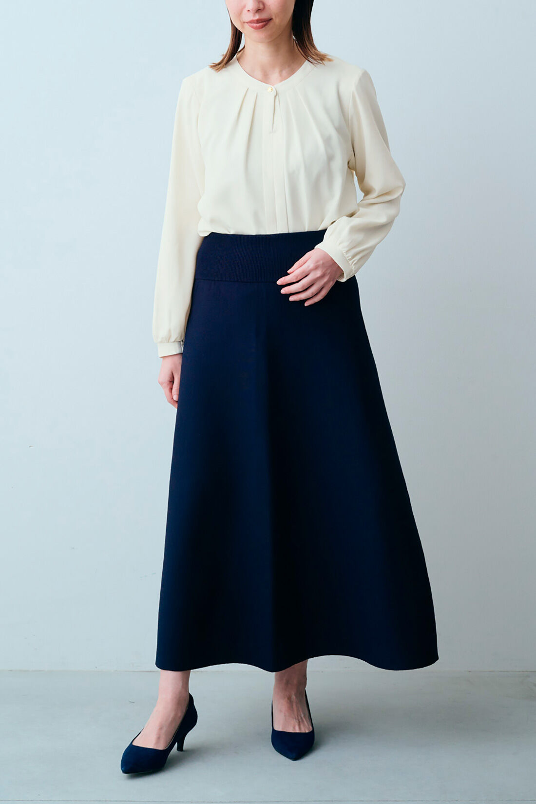 Real Stock|IEDIT[イディット]　福田麻琴さんコラボ　上品ニットセットアップ〈ダークネイビー〉|モデル身長：160cm　着用サイズ：M