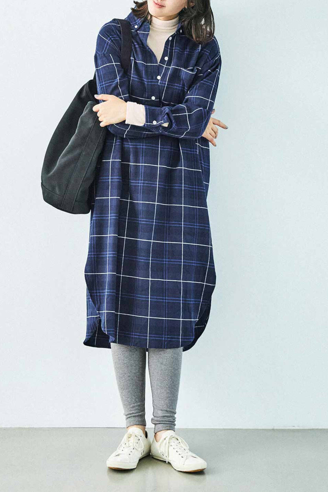 Real Stock|THREE FIFTY STANDARD　ボタンダウンのプルオーバーチェックワンピース〈ネイビー〉