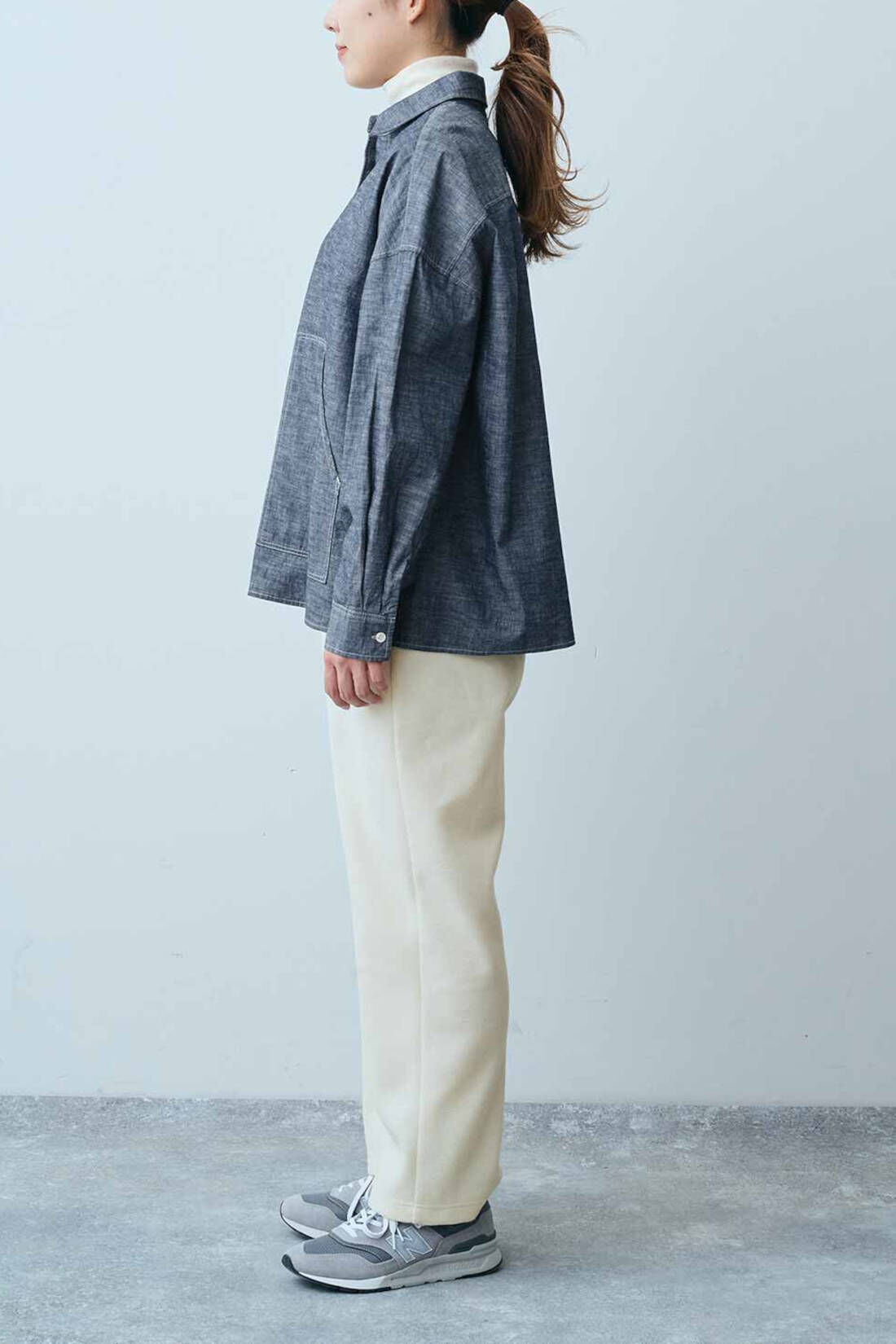 Real Stock|THREE FIFTY STANDARD　シャンブレーのシャツジャケット|モデル身長：165cm　着用サイズ：M