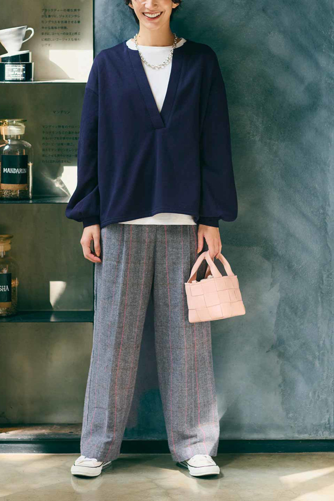 Real Stock|IEDIT[イディット]　コットン100％の起毛素材で肌心地やさしいチェックワイドパンツ〈グレーチェック〉