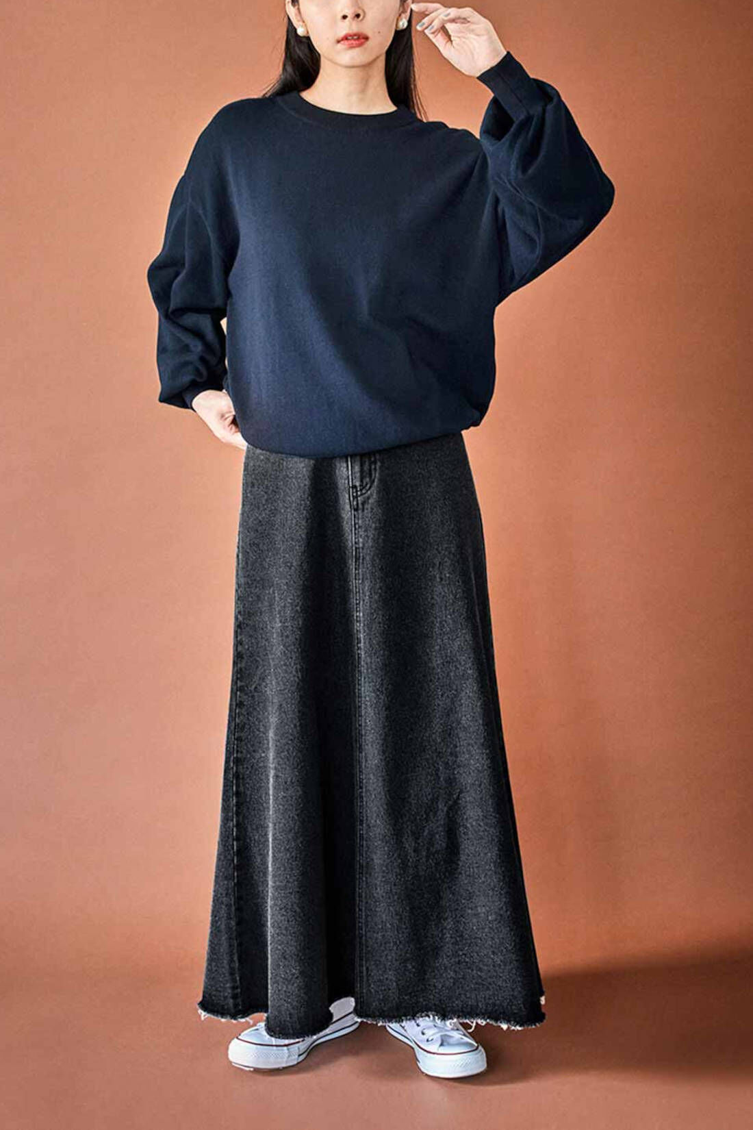 Real Stock|THREE FIFTY STANDARD　カットヘムのブラックデニムスカート