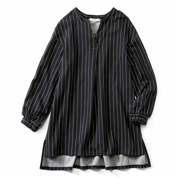 Real Stock | 布はく見え カットソー ストライプ ロング シャツ プルオーバー〈ダークグレー〉