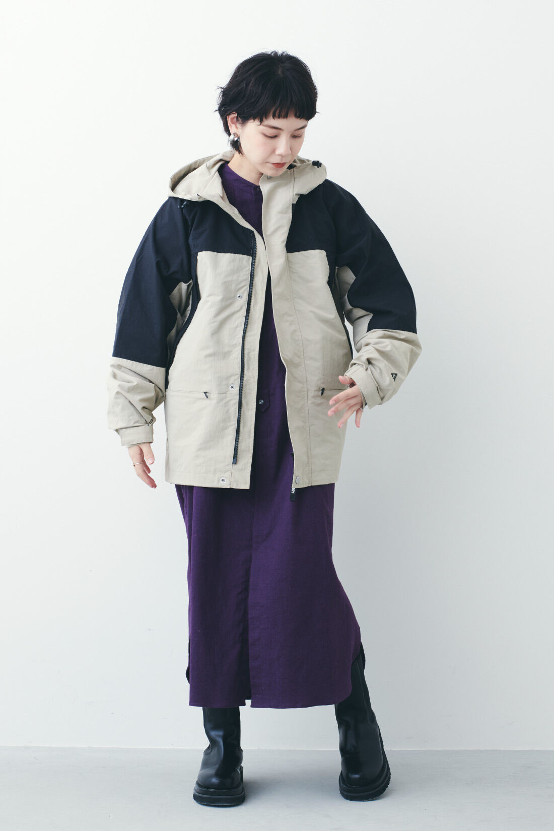 Real Stock|MEDE19F 〈SELECT〉 GERRY 3-WAY MOUNTAIN PARKA〈BE〉|モデル身長：157cm・着用サイズ：S