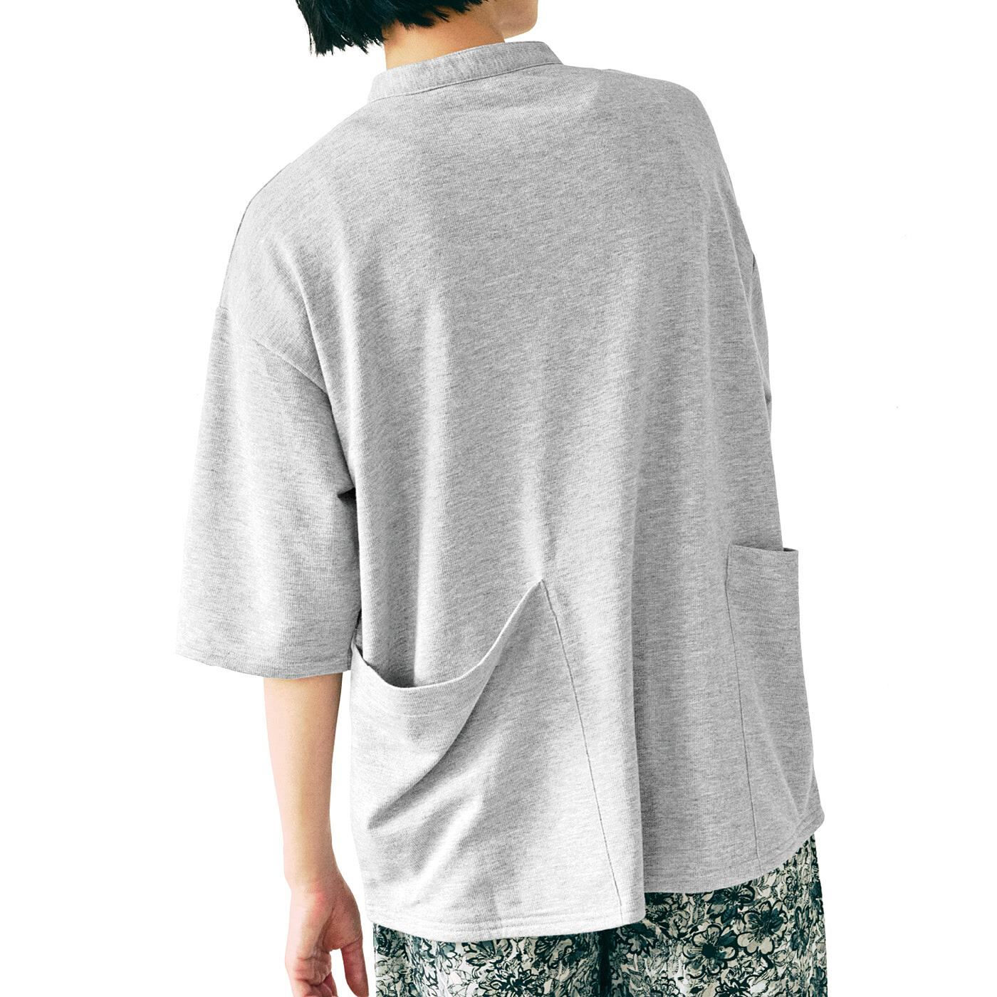 Real Stock|UP.de　着られるバッグ Tシャツ感覚なのにきれい見えする ポケットいっぱい てぶらなカットソースキッパーシャツ〈杢（もく）グレー〉