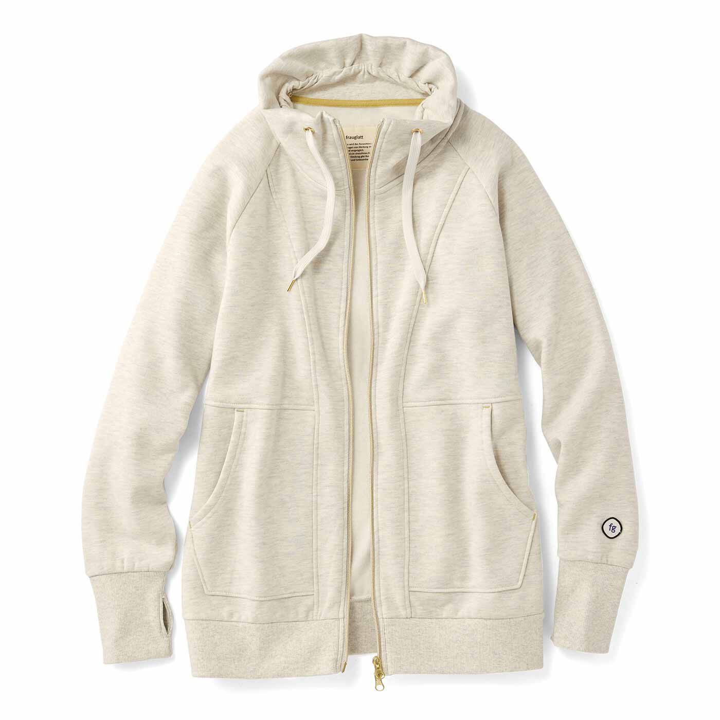 realstock [リアルストック]（Express BOX）|フラウグラット　立体設計ですらりあったか かるホカ裏起毛 大人のパーカー風ダブルジップブルゾン〈オートミール〉|〈オートミール〉衿ぐりの配色テープがかわいい。
