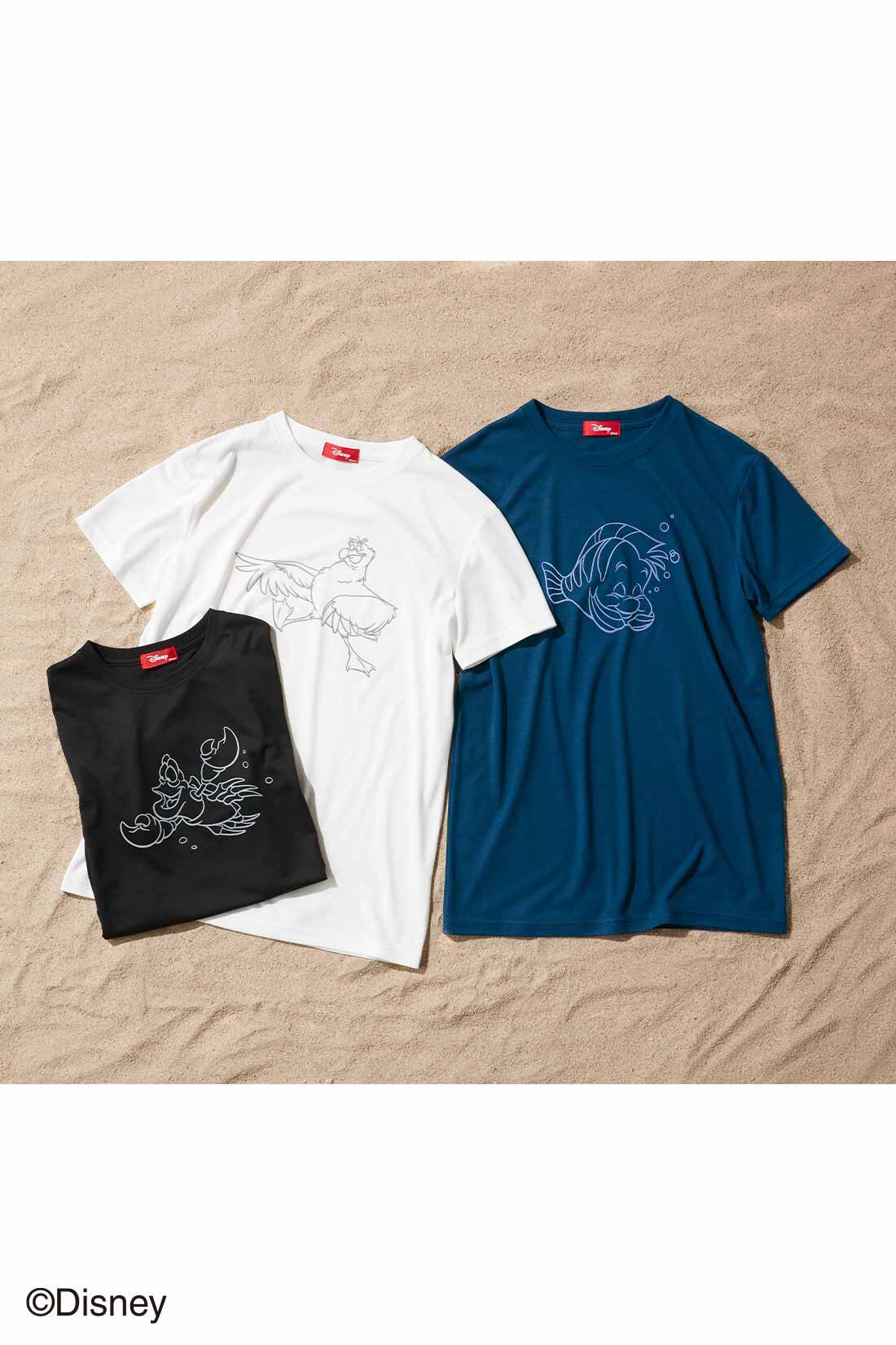 Real Stock|IEDIT[イディット]　Disney フロッキープリントの「リトルマーメイド」サブキャラTシャツ〈ブラック セバスチャン〉