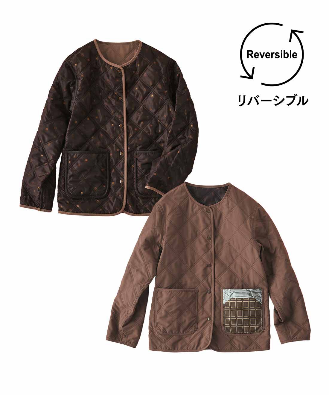 realstock [リアルストック]（Express BOX）|【3～10日でお届け】リブ　イン　コンフォート　チョコレートバイヤーみりとコラボ　甘美な誘惑をまとう　ボンボンショコラ柄のキルティングリバーシブルコート〈チョコレートブラウン〉