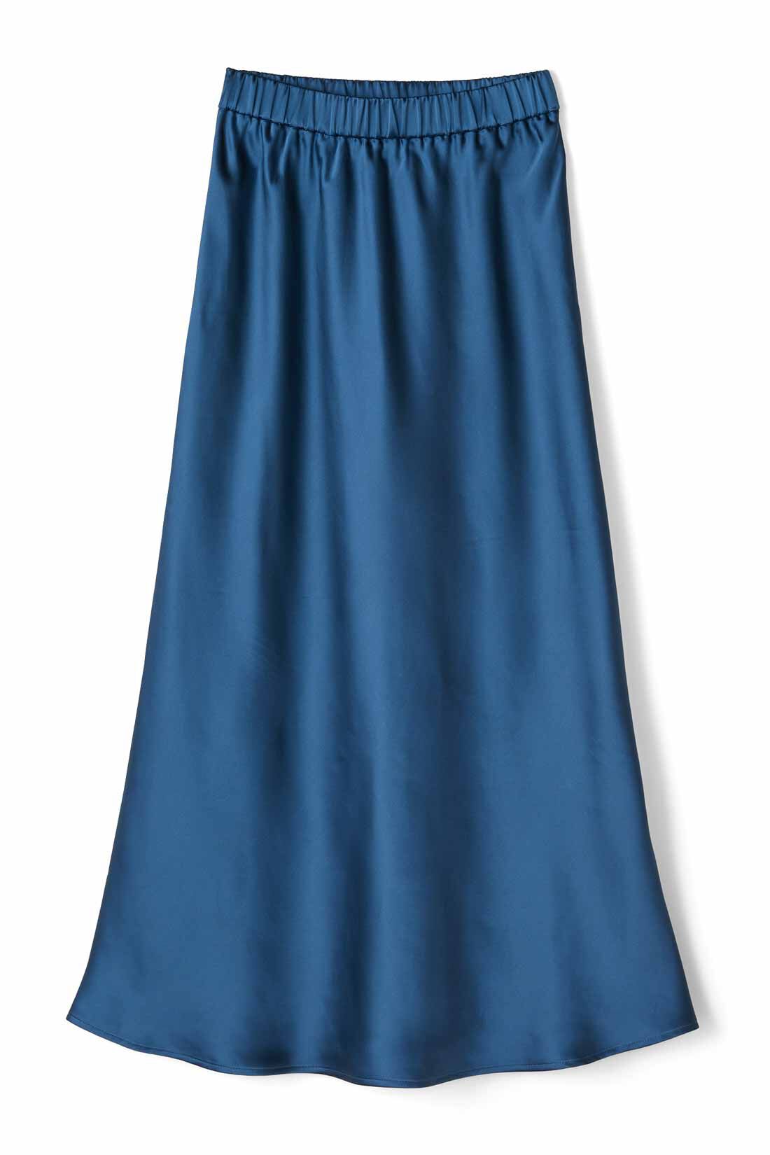 Real Stock|IEDIT[イディット]　サテンの光沢が美しいセミサーキュラースカート〈ディープブルー〉|〈ディープブルー〉