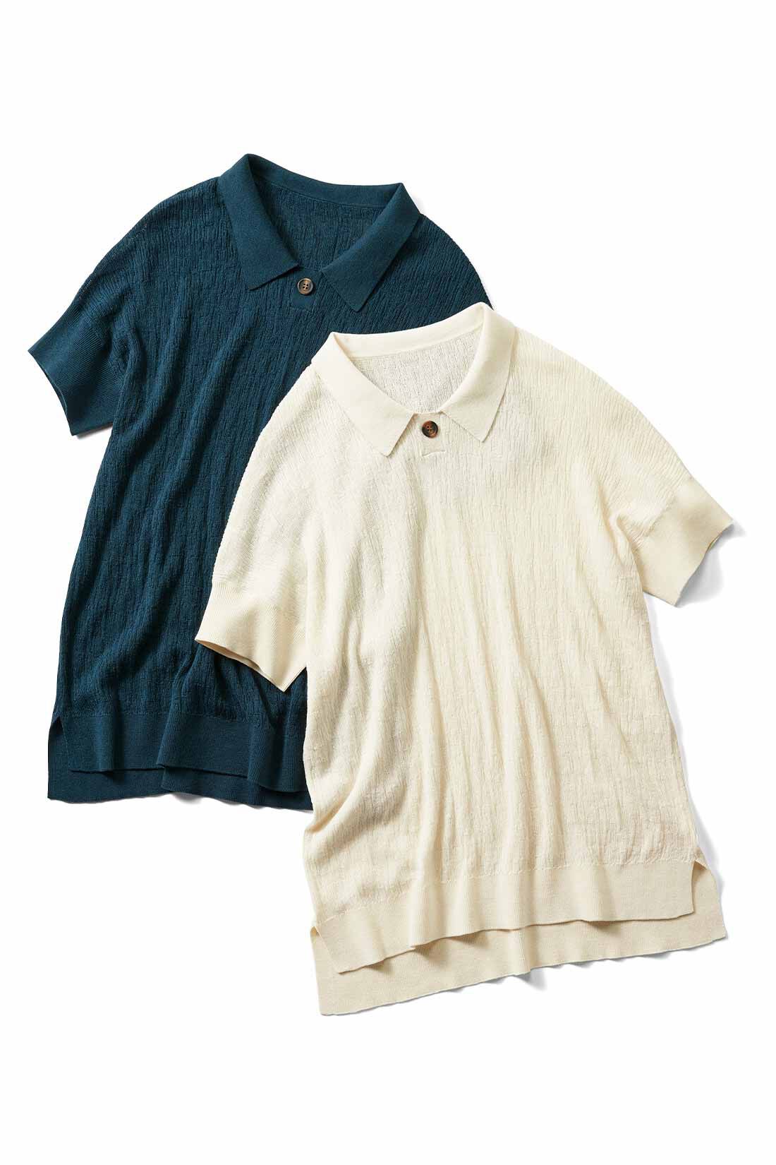 Real Stock|リブ イン コンフォート　しっとりやわらか　やみつきになる着心地の　衿付きニットトップス〈オフホワイト〉