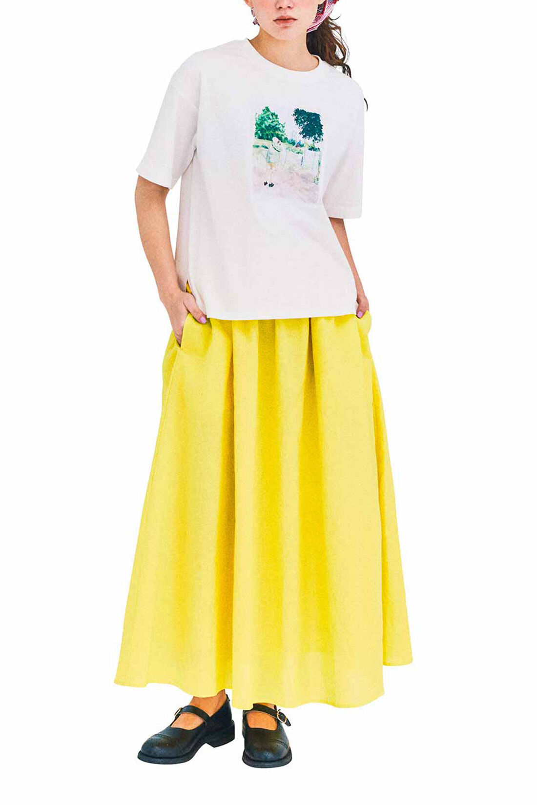 シロップ． アイスクリームみたいなカラーが目を引く　軽やかに揺れる綿麻スカート〈レモンシャーベット〉