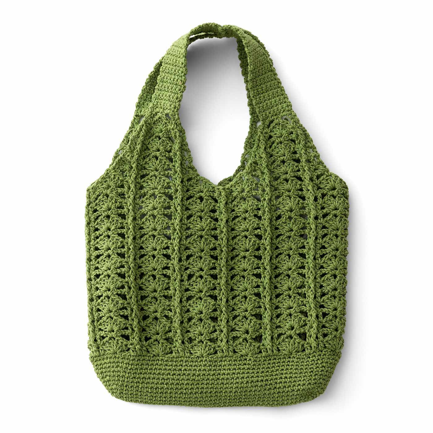 Real Stock|涼しげな編み地が自慢 透け感がおしゃれなかぎ針編みバッグ|2：フォレストグリーンの葉模様バッグ