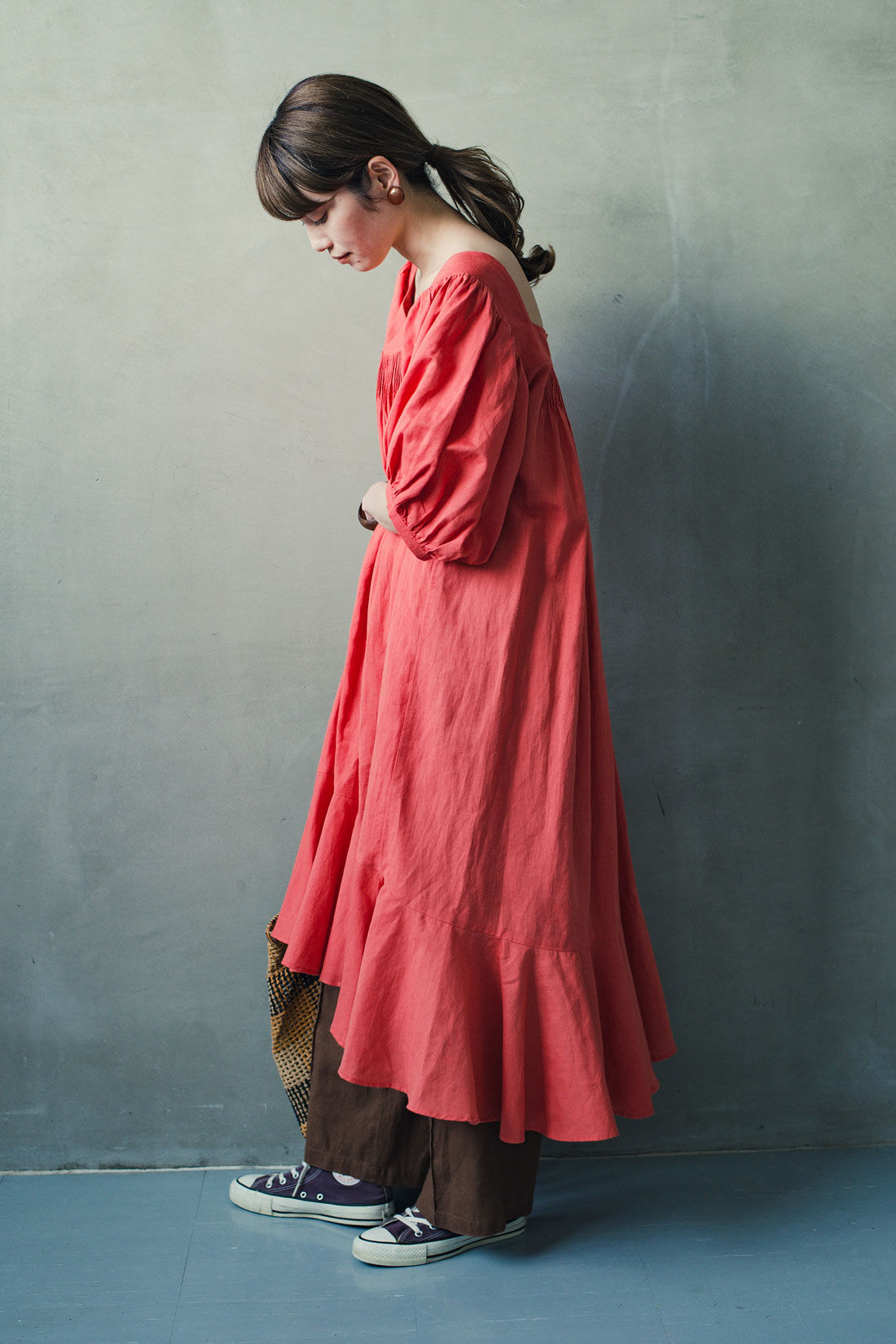 Real Stock|MEDE19F 〈SELECT〉 HAVA　リネンコットン　スクエアネックワンピース〈レッド〉|モデル身長163vm