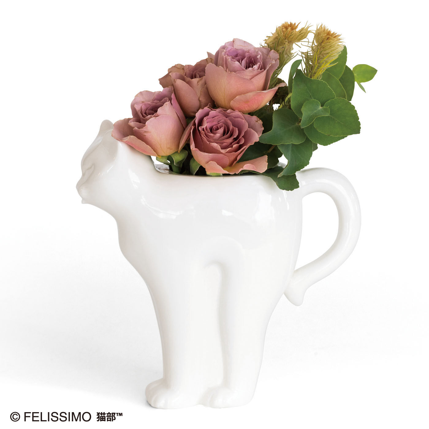 Real Stock|ぐぐぐぅ～とリラックス 　伸び猫ティーポット|花びんとして使うのもおすすめ。真っ白な磁器にお花が映えるにゃ〜