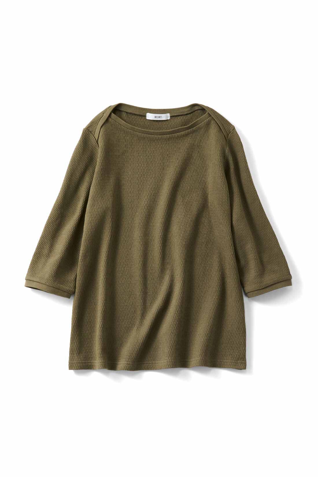 Real Stock|Ｌｉｖｅ　ｌｏｖｅ　ｃｏｔｔｏｎＲプロジェクト　IEDIT[イディット]　デザインネックで顔まわり華やぐ　ハニカムカットソートップス〈セージカーキ〉|セージカーキ