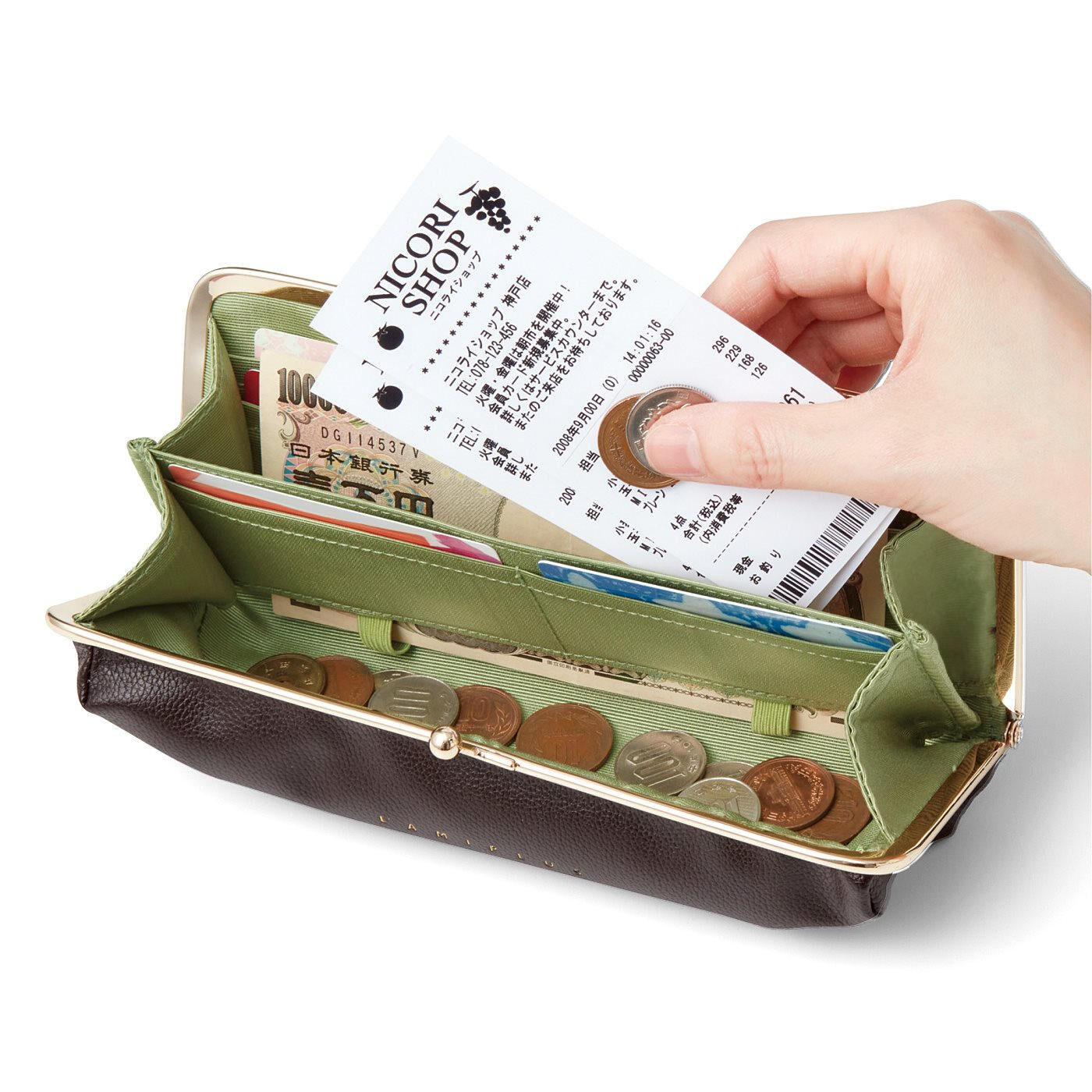 Real Stock|ラミプリュス　片手でパチンと開けられる コインスルーがま口財布|カードポケットが合計6個付き。