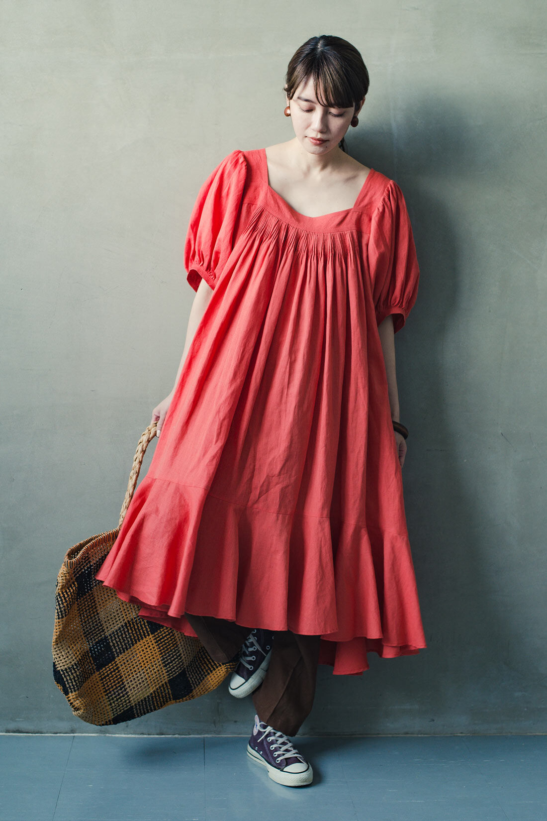 Real Stock|MEDE19F 〈SELECT〉 HAVA　リネンコットン　スクエアネックワンピース〈レッド〉|モデル身長163vm