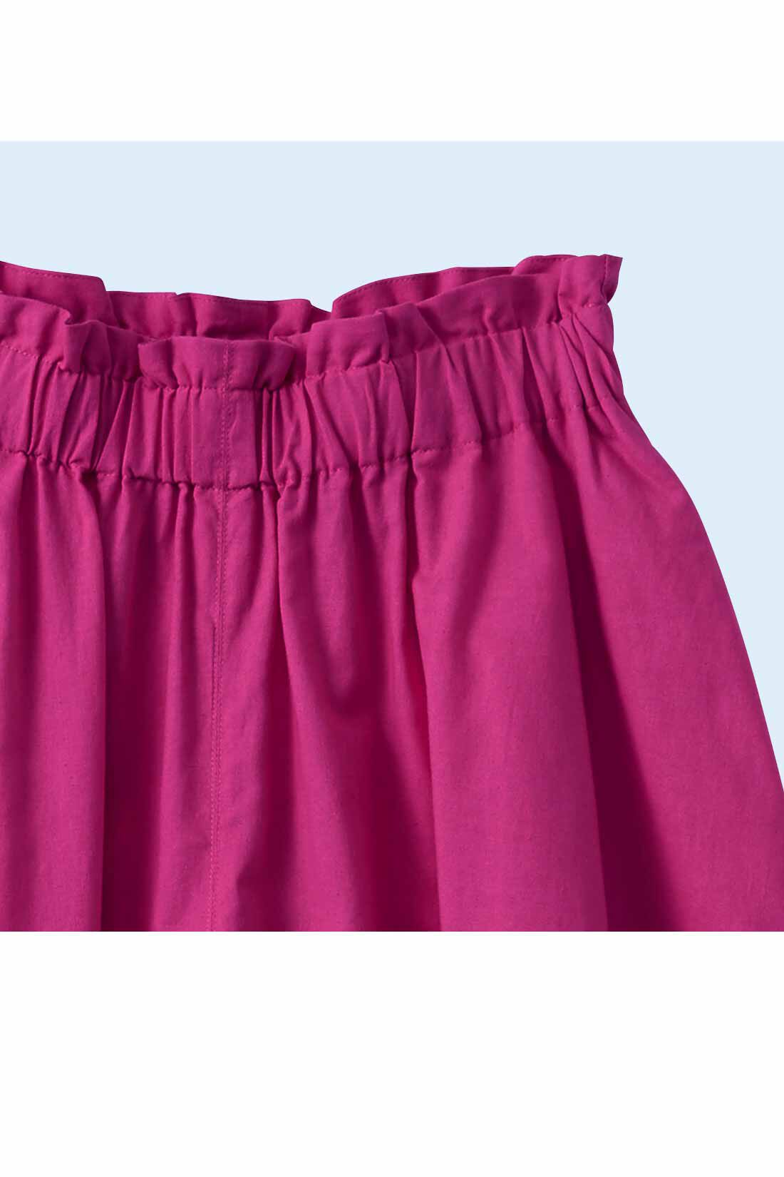 Real Stock|スカートみたいな コットンリネンのボリュームガウチョパンツ〈ピンク〉|ウエストは総ゴム仕様。フリフリデザインが◎。