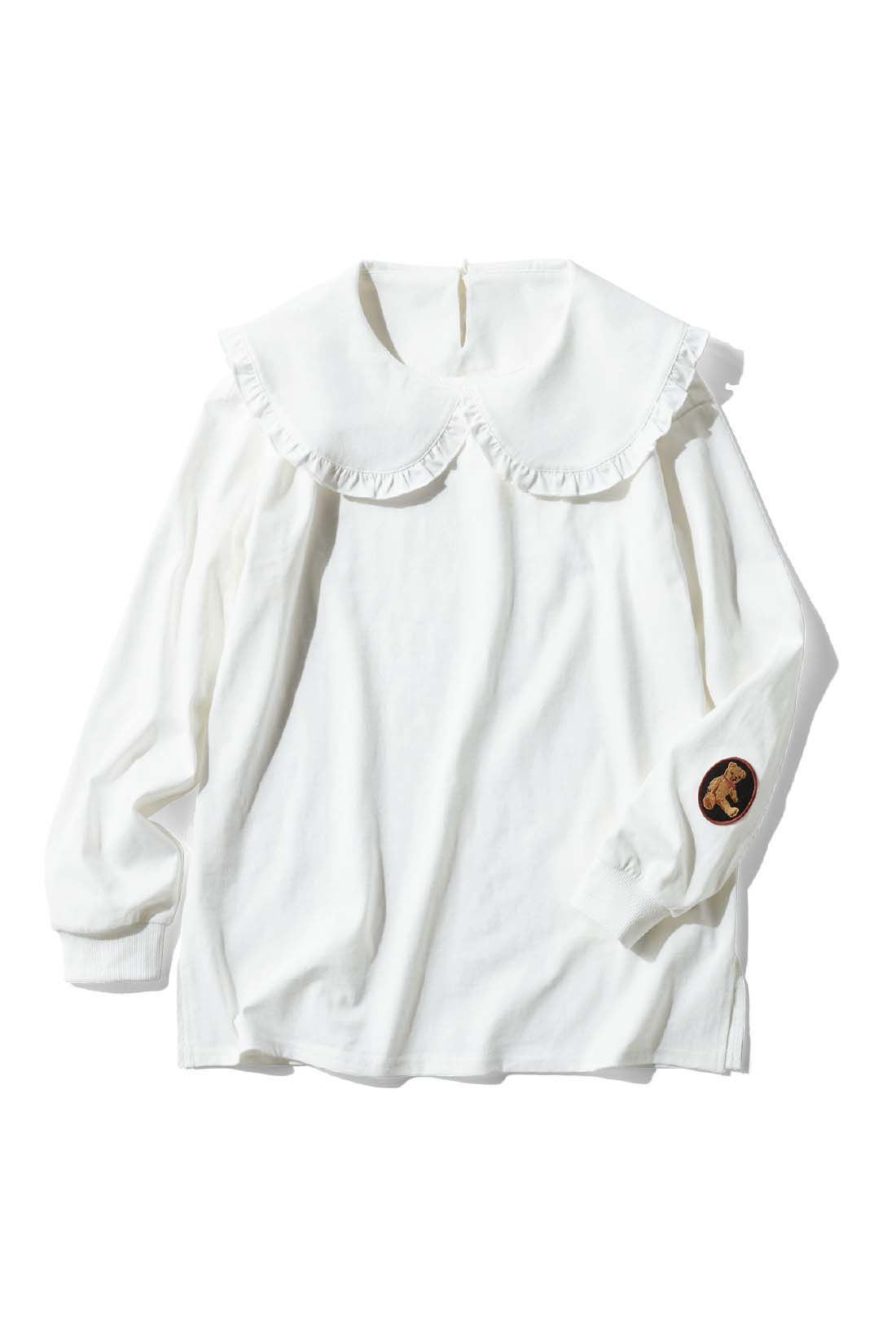 Real Stock|Tシャツ素材でつくったフリル衿のワッペントップス〈ホワイト〉