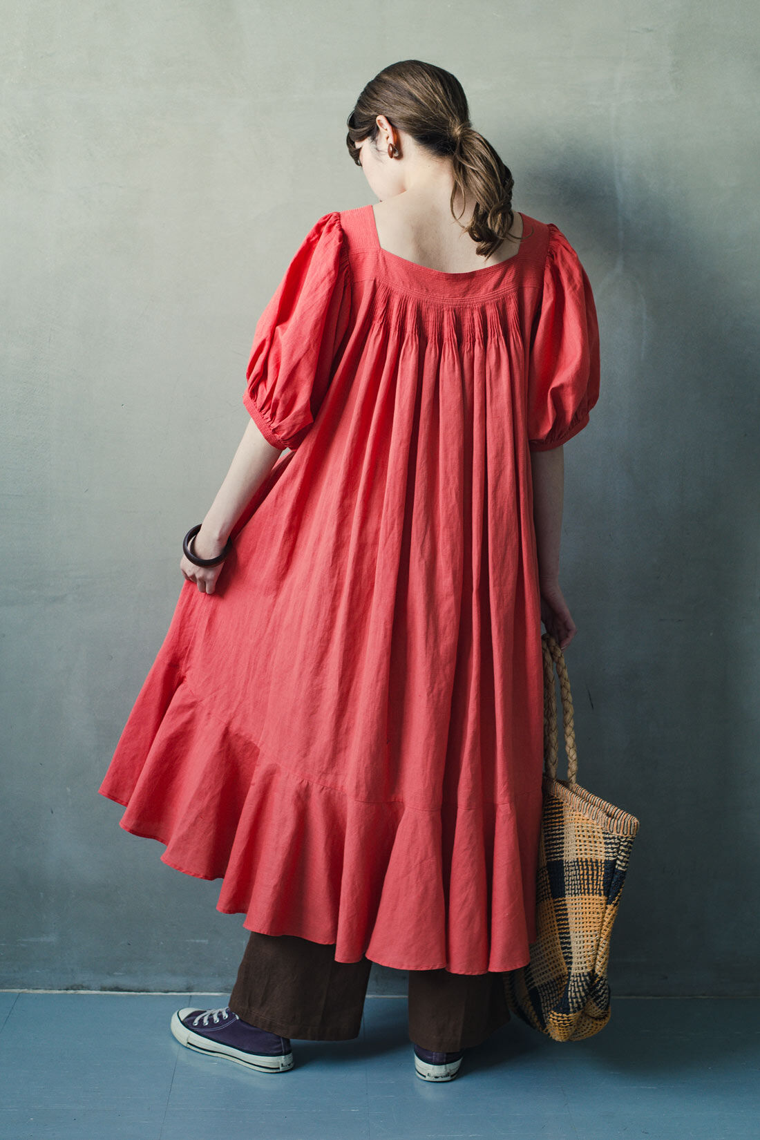 Real Stock|MEDE19F 〈SELECT〉 HAVA　リネンコットン　スクエアネックワンピース〈レッド〉|モデル身長163vm